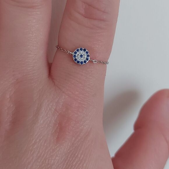 925 Sterling Silver Platinum Plated Blue Eye Chain Ring - Picture 2 of 5